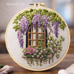 Wisteria Window Embroidery Kit — Beginner Floral Hoop Art, Threads Included