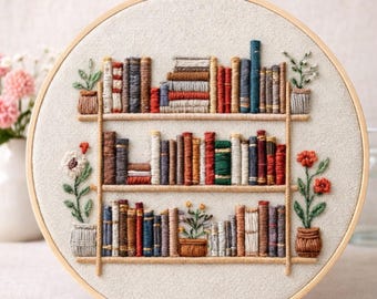 Beginner Embroidery Kit –  Bookshelf Design with Plants | DIY cross stitch set for Beginners
