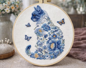 Blue Cat Floral Embroidery Starter Kit – DIY Wall Art, 8 Inch Hoop