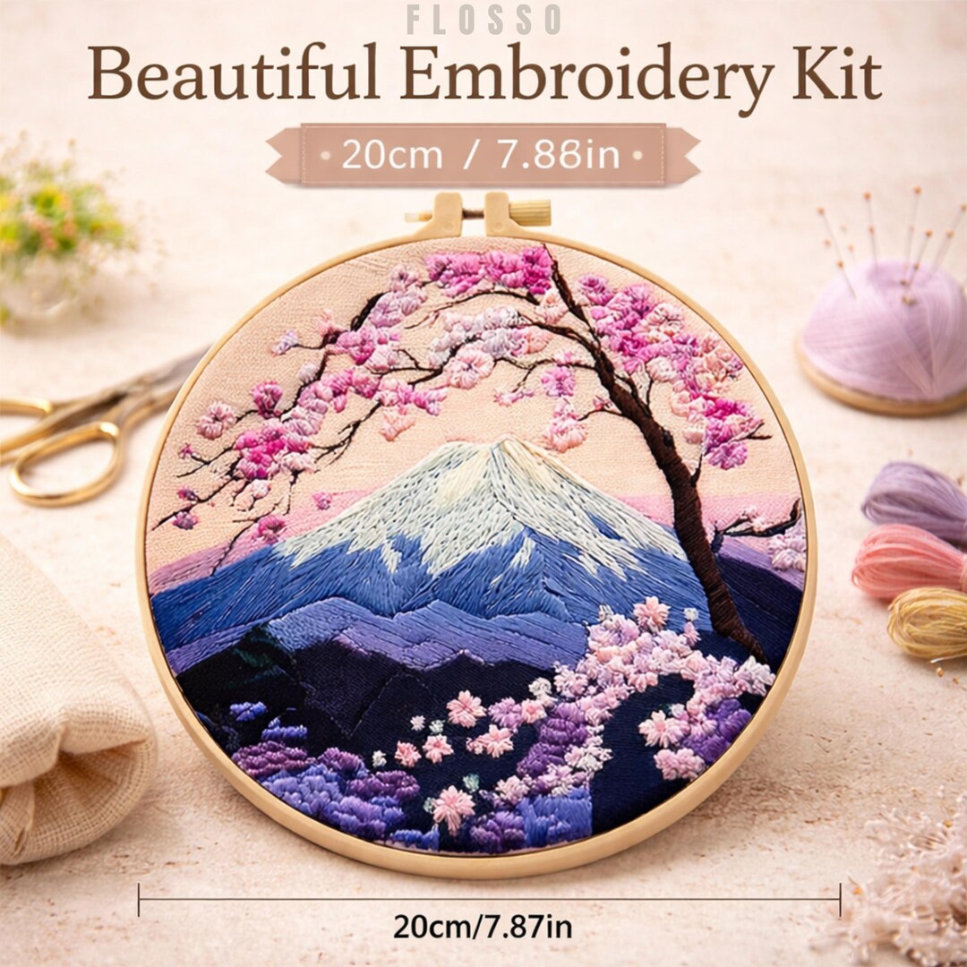 Mount Fuji Hand Embroidery Kit – Cherry Blossom Landscape, Beginner ...