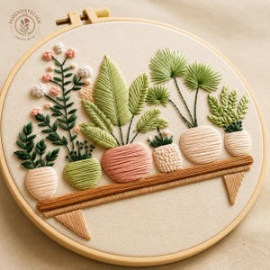 May include: Embroidered hoop art featuring a shelf with various potted plants. The plants have green leaves and pink, white, and green flowers. The pots are in shades of pink, green, and cream. The shelf is brown, and the background is beige.