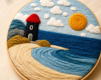 Lighthouse Needle Felting Kit — Beginner Coastal Hoop Art, Wool Included