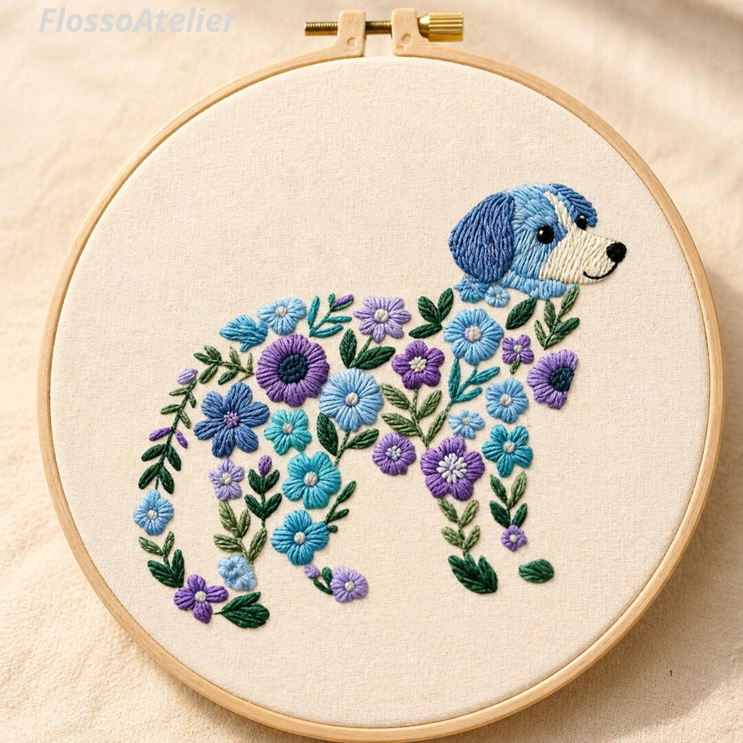 Floral Dog Embroidery Kit — Beginner Hoop Art, Threads & Fabric ...