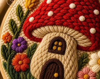 May include: A detailed embroidery hoop featuring a mushroom house with a red cap and white spots. The house has a beige facade, a brown door, and a window. Colorful flowers and green foliage surround the mushroom house, creating a whimsical scene.