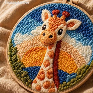 May include: A handcrafted embroidery hoop art piece featuring a giraffe with a long neck and patterned spots. The giraffe is set against a backdrop of a blue sky with clouds and a sunset. The artwork is framed in a wooden hoop.