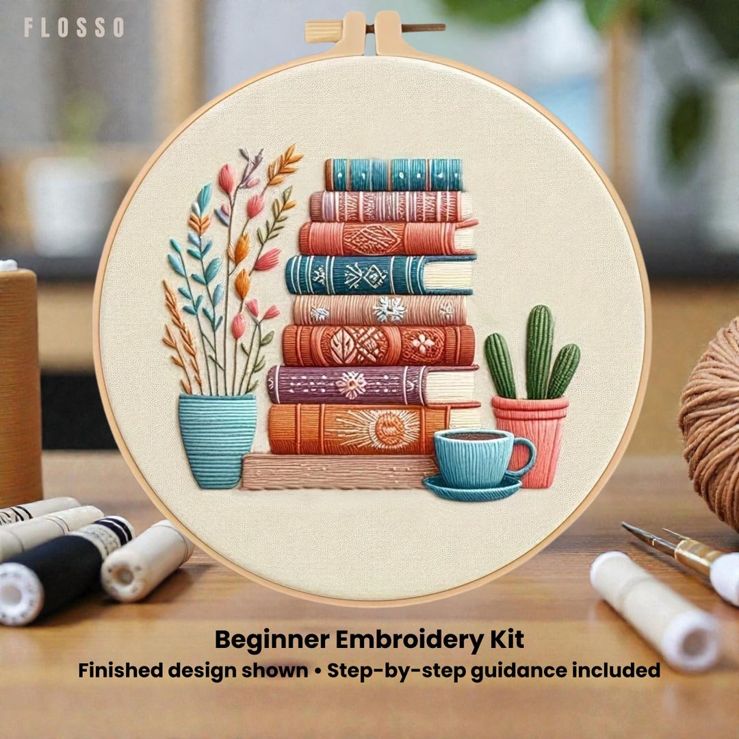 Cozy Bookshelf Embroidery Kit – Beginner Friendly Home Decor & Gift for ...