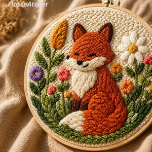 May include: Embroidered fox in a wooden hoop. The fox is orange with a white chest and tail, surrounded by colourful flowers and green foliage. The text "FlossoAtelier" is at the top left.