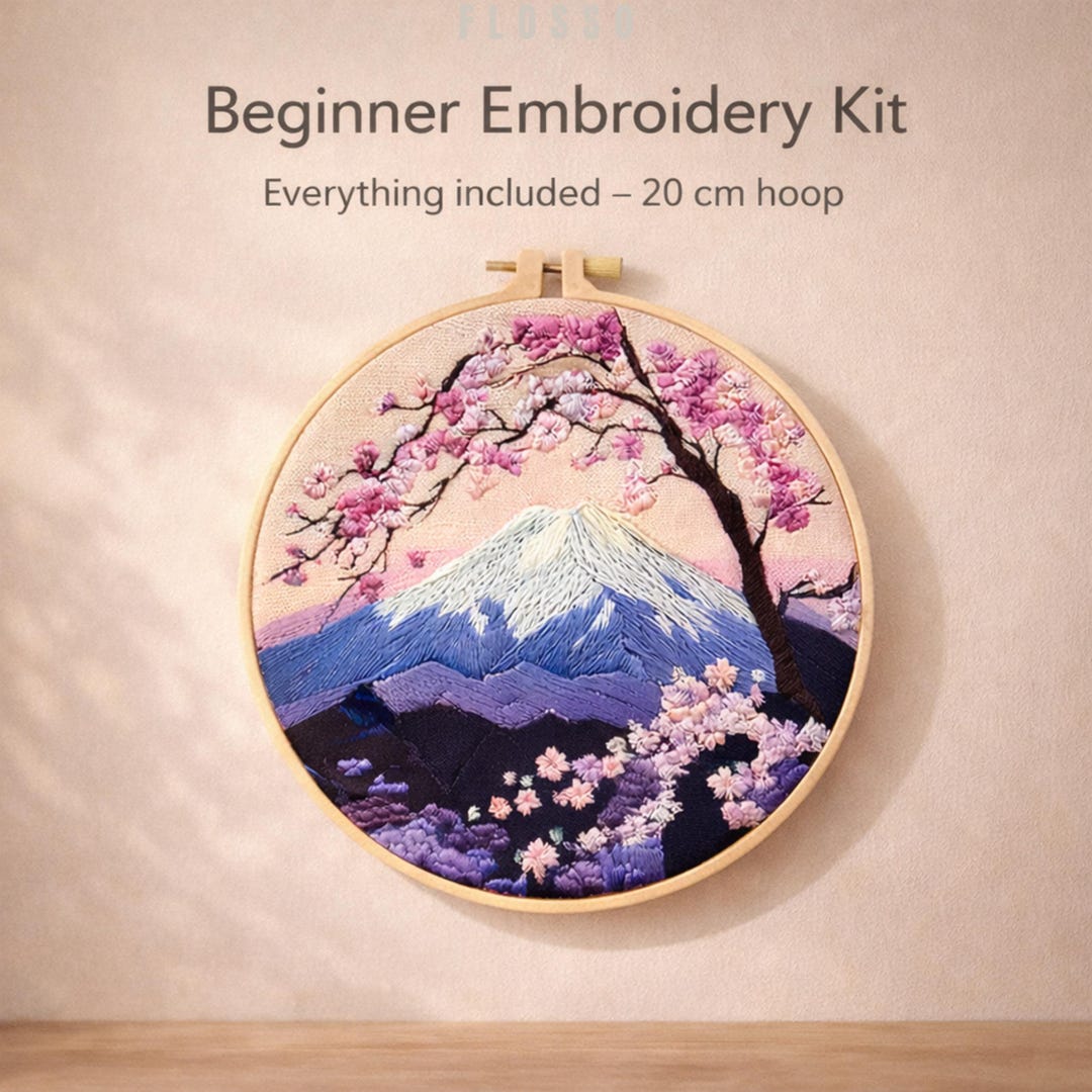 Beginner Embroidery Kit – Floral Mountain Landscape – Cherry Blossom ...