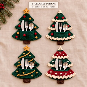 May include: Four crochet Christmas tree cutlery holders with a digital PDF pattern label. Each tree features a pocket holding a knife, fork, and spoon. Designs include red and yellow ornaments, white scalloped edges, yellow yarn garlands, and red sections.