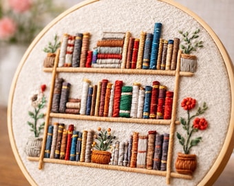 Stickpackung für Anfänger – gemütliches Bücherregal-Design, entspannende Handarbeit