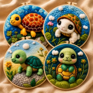 May include: Four round embroidery hoops each feature a felt turtle design. The turtles are in various colors, including yellow, green, and white, with detailed shells. Each hoop has a wooden frame and a background of blue or yellow.