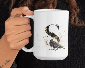 Dark Romance Personalized Monogram White Ceramic Mug Black and Gold with Crows, Coffee Cup, Gift for Women, Wiccan Cup, Dark Academia Mug