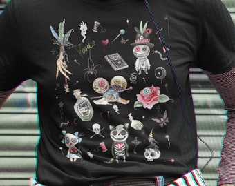 VooDoo Doll Tshirt, Voo Doo Doodles Zombie Cat Creepy Cute Doll , Gothic Mardi Gras Creepy Doll Shirt witch black magic costume, Halloween