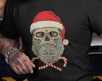 Christmas Santa Skeleton, Cross Bones Candy Canes, Biker Santa, Bearded Santa Skull motorcycle Santa, Punk Rock Christmas Shirt Goth Xmas