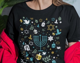 Cute Hanukkah Doodle T-Shirt, Jewish Holiday gift, features dreidels, Stars, Doves, and Hanukkah menorah, hanuka gift, Passover Outfit