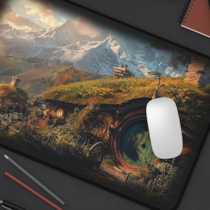 Hobbit Town at Dawn Desk Mat, Lord of the Rings Inspired Home Office Accessory, Fantasy Gaming Mousepad, RPG Desk Decor