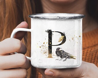 Monogram Enamel Mug Black and Gold with Crows, Art Deco Initial Coffee Cup,  Gift for Women, Wiccan Cup, Dark Romance, Halloween Mug, Winter