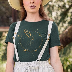 Celestial Plant Gardening Shirt for Women, Mystical Herb Shirt, Moon Phase Garden, Black and Gold line Art, witch aesthetic, Green and Gold