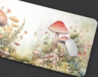Red Toadstool Large Desk Mat - Watercolor Mushroom Cottagecore Mousepad, Enchanted Fungi With Foraged Magic Shrooms - Home Office Decor