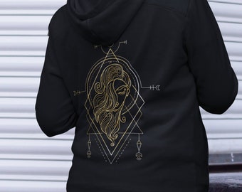 Astrology Zodiac Hoodie, Mystical Astrology gifts Horoscope signs black zip hoodie Black and Gold Pagan Clothing Great gifts for Wiccan Boho