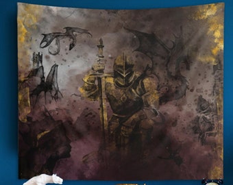 Knights Dungeons and Dragons Fantasy Art Tapestry, Dark Academia Wall Art, Fantasy Dragon Wall Hanging, Dorm Room Decor, Fourth Wing fly die
