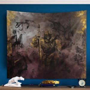 Knights Dungeons and Dragons Fantasy Art Tapestry, Dark Academia Wall Art, Fantasy Dragon Wall Hanging, Dorm Room Decor, Fourth Wing fly die