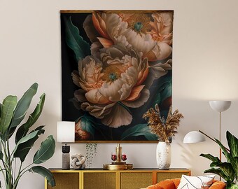 Peony Flower Dark Academia Floral Wall Art, Victorian Dark Romance inspired spring flower still life Tapestry, Gothic Moody Art prints, Gift
