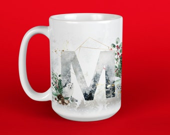 Winter Initial Coffee Mug, Christmas Monogram Initial Mug, winter aesthetic design, Snow Fox and Cardinal with snowy mountains and trees