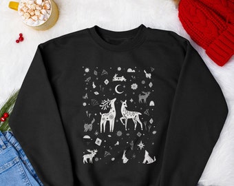 Winter Solstice Christmas Shirt Mystical Nordic whimsical woodland creatures Doodle Christmas Top Winter Wonderland Winter Witch sweatshirt