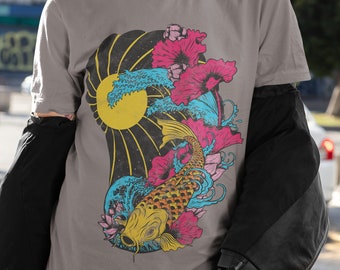 Retro Koi Fish Graphic Tee, Lotus Flower Y2K Shirt