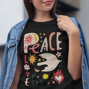 Peace Love Spiritual T-Shirt | Inspirational Dove, Sun Moon Design, Faith-Based Graphic Tee, Perfect  Yoga, Church & Daily Inspiration