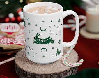 Emerald Forest Green Winter Solstice Christmas Mug, Mystical whimsical woodland creatures, Doodle Christmas Cup Winter Wonderland Coffee Mug