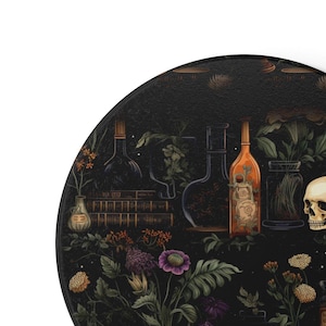 Vintage Alchemy Ceramic Coaster - Gothic Herbalist Home Décor | Dark Academia Botanical Skull Design