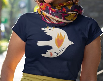 Peace Dove Shirt with Sacred Heart, Women&#39;s Peace Shirt, Christian Dove T-shirt, Abstract Art Boho Dove, Trendy Dove Tee, Peace Shirt, Yoga