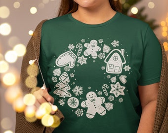 Cute Christmas Cookie Shirt for Women, Gingerbread Tee Shirt, Christmas Wreath T Shirt, Womens Christmas Graphic Tees, Holiday Shirts