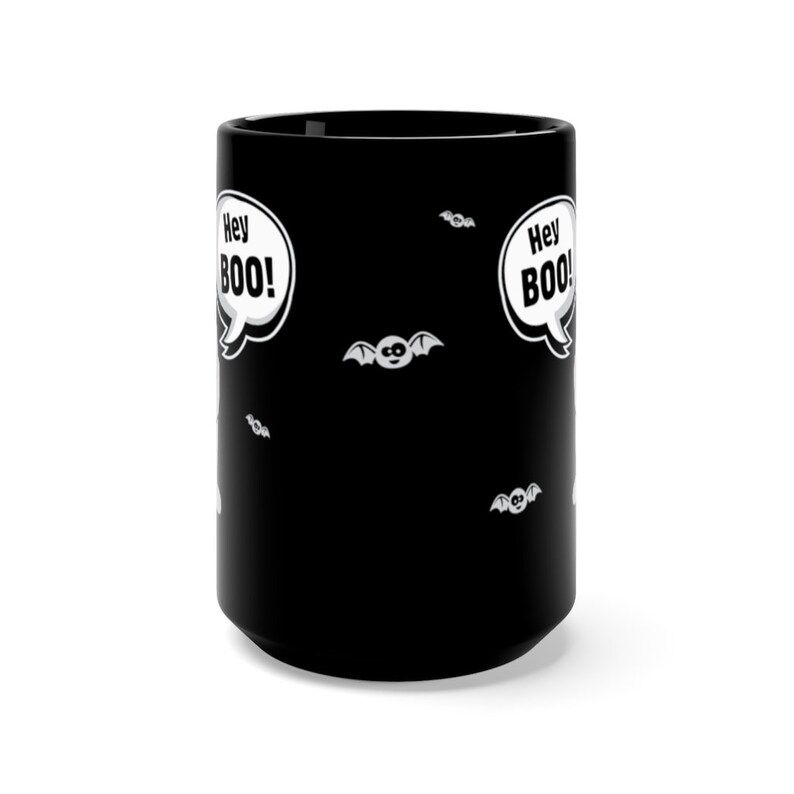 Hey BOO! Funny Halloween Mug, Ghost Coffee Cup, Silly vampire Bat, Trick-or-Treat Cup, goofy ghouls, Funny Ghost Mug Gift Black Mug 15oz image 5