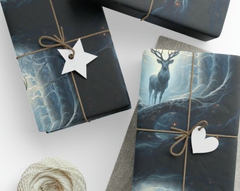 Enchanted Forest Winter Solstice Wrapping Paper - White Stag & Magical Lights Design, Witchy Yule Gift Wrap, Christmas giftwrap