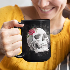 Gothic Skull Mug with Red Roses & Black Crows | Halloween Coffee Cup | Goth Style Kitchenware | Unique Large Ceramic Drinkware | coffee gift