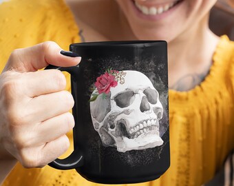 Gothic Skull Mug with Red Roses & Black Crows | Halloween Coffee Cup | Goth Style Kitchenware | Unique Large Ceramic Drinkware | coffee gift