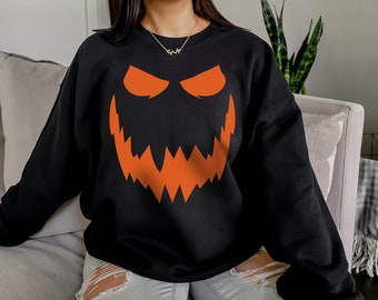 Scary Pumpkin Face Sweatshirt, Gender Neutral Unisex Crewneck Halloween Sweatshirt, Jack O' Lantern, Orange Pumpkin Top, Trick-or-Treat Top
