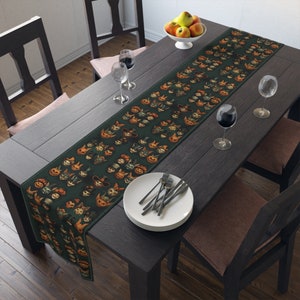 Vintage Inspired Creepy Carnival Masks Table Runner, Halloween Decor of Scary Pumpkins, Clowns, Jesters, Harlequins. Unique retro halloween