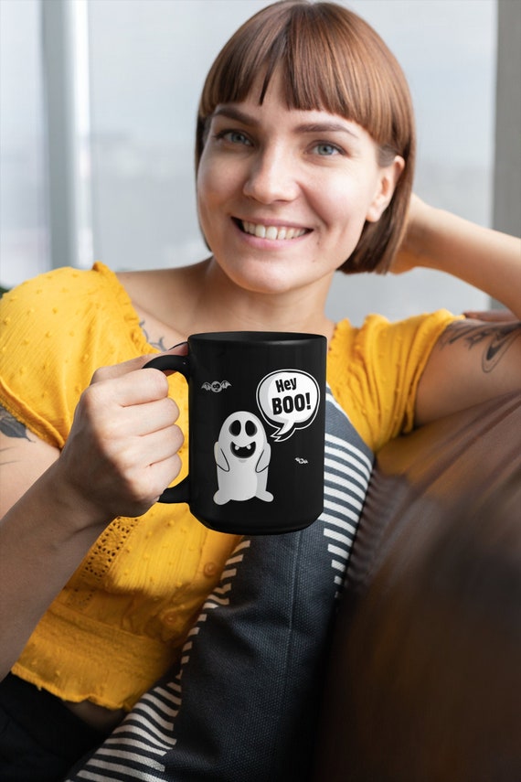 Hey BOO! Funny Halloween Mug, Ghost Coffee Cup, Silly vampire Bat, Trick-or-Treat Cup, goofy ghouls, Funny Ghost Mug Gift Black Mug 15oz