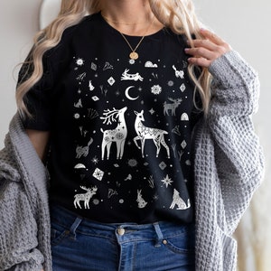 Winter solstice Christmas T-Shirt, Mystical Nordic whimsical woodland creatures Doodle Christmas Top, Winter Wonderland Winter Witch Tee