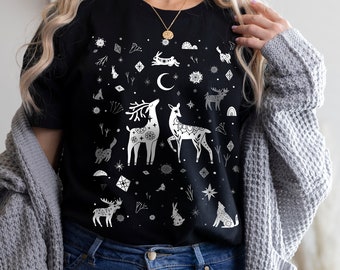 Winter solstice Christmas T-Shirt, Mystical Nordic whimsical woodland creatures Doodle Christmas Top, Winter Wonderland Winter Witch Tee