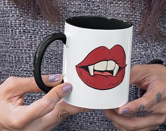Vampire Kiss Red Lips Mug with black Color Inside, Pop Culture design, Gift for Vampire Fans, Rock-n-Roll style mug, Punk Rock style, Goth