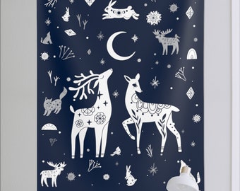 Winter solstice Christmas Tapestry, Mystical Nordic whimsical woodland creatures Doodle Christmas Art, Winter Wonderland Witch Wall Decor