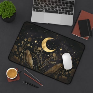 Golden Moon Desk Mat | Celestial Stars and floral Night Sky Mousepad | Magical Boho Pad | Witchy Aesthetic | Black & Gold Aesthetic Office
