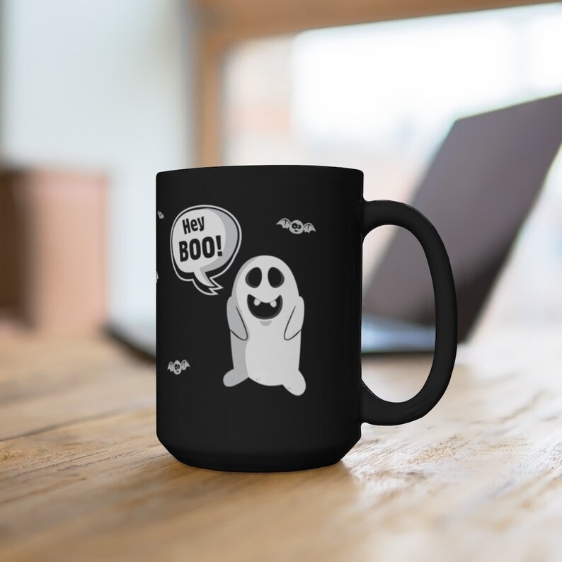Hey BOO! Funny Halloween Mug, Ghost Coffee Cup, Silly vampire Bat, Trick-or-Treat Cup, goofy ghouls, Funny Ghost Mug Gift Black Mug 15oz image 7
