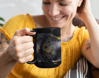 Horoscope Coffee Mug Gift, Unique personalized gift for astrology and horoscope, Mystic style, Astrology Gift, Black and Gold Mug 15oz
