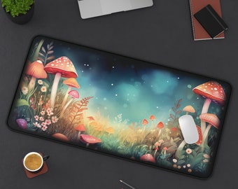 Moonlit Mushroom Meadow Large Desk Mat, Fairy Forest Mouse Pad, Cottagecore Celestial Botanical Mouse Pad, Mystical Workspace Decor, Laptop